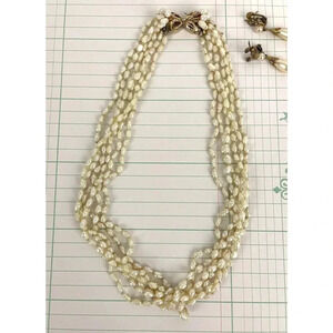 VTG 10k Gold Rice Pearl‎ 6 Strand Necklace with 925 Dangle Earrings 18" Long